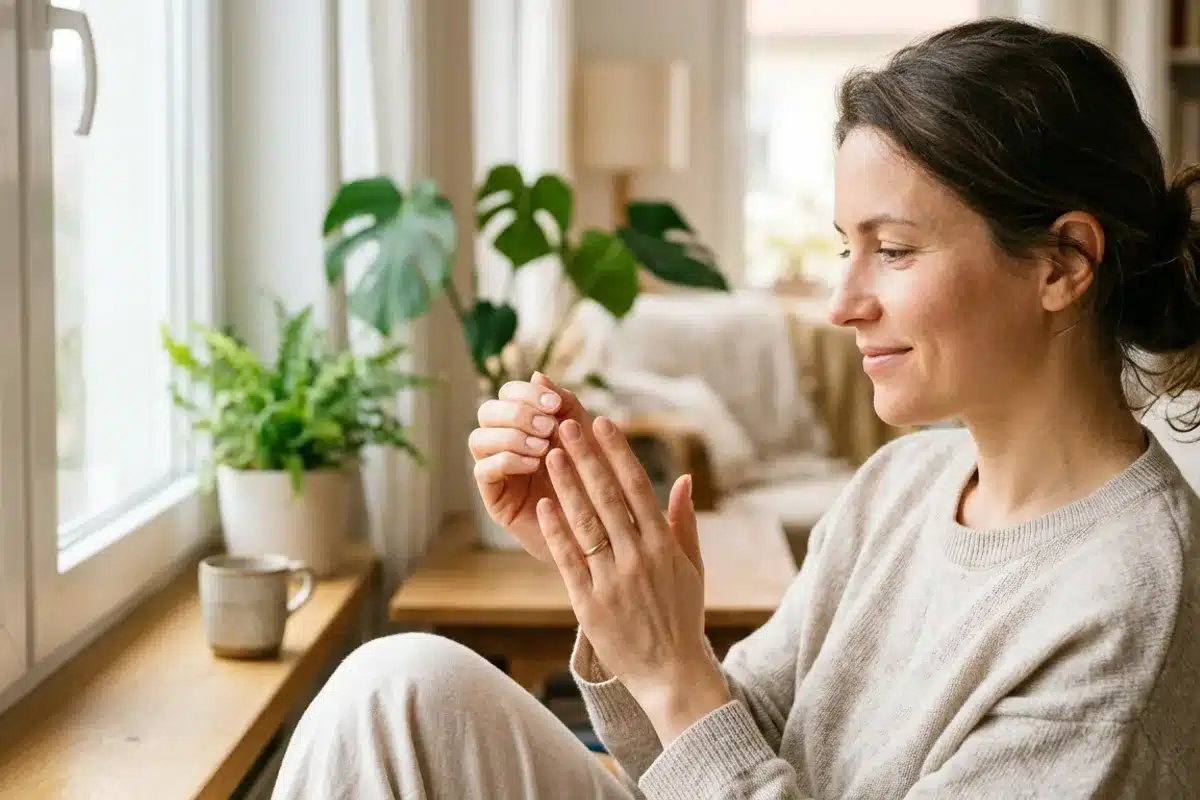 Auto-examen des ongles Femme qui observe ses ongles a la lumiere du jour pour reperer un changement