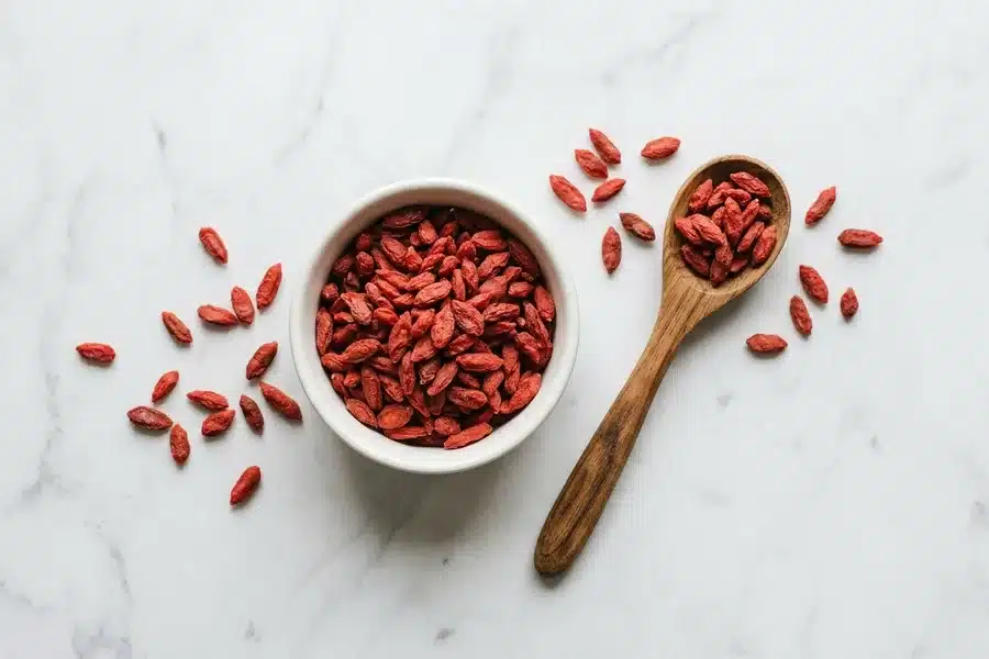 Baies de goji séchées dans un bol, prêtes à consommer Baies de goji séchées dans un bol en céramique blanche avec une cuillère en bois sur plan de travail en marbre clair