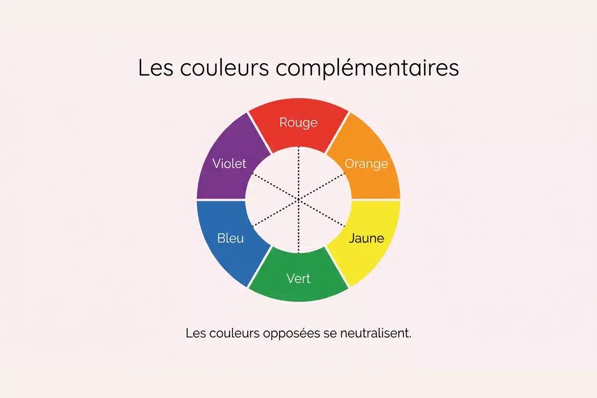 Le cercle chromatique et les couleurs complémentaires Roue chromatique à six couleurs avec les paires complémentaires opposées reliées au centre