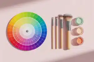 Roue chromatique colorée posée près de pinceaux et de correcteurs verts, pêche et orange