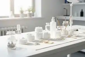 Comment sont fabriqués les cosmétiques : contenants de crème et matières premières sur un plan de travail de laboratoire