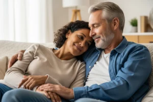 Compatibilité amoureuse illustrée par un couple souriant et proche dans un salon lumineux