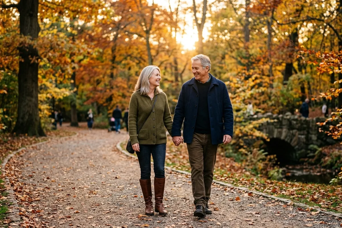 Un couple dont la complicité s'est construite avec le temps Couple d'âge mûr marchant main dans la main dans un parc, illustrant une compatibilité construite dans la durée