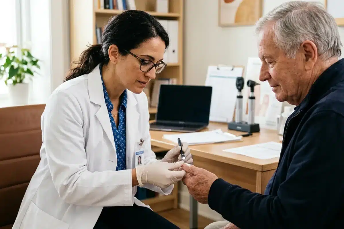 Consultation pour une maladie des ongles Dermatologue examinant l ongle d un patient age en consultation