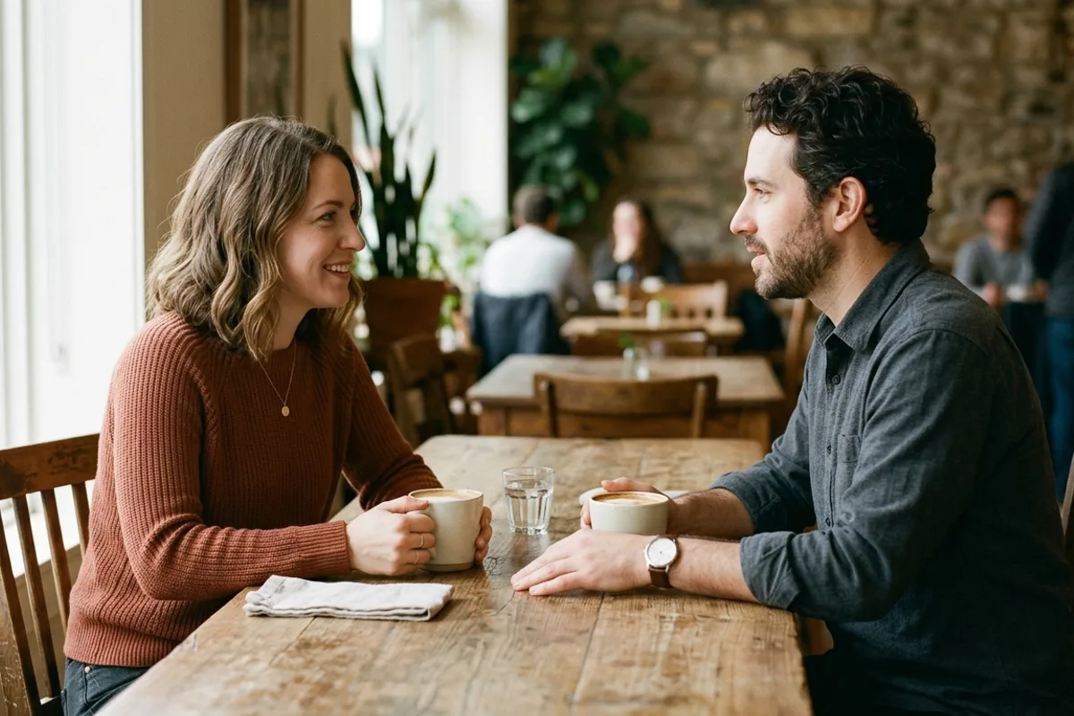 Un couple qui partage ses valeurs en discutant Couple échangeant calmement autour d'un café, illustrant le partage des valeurs dans le couple