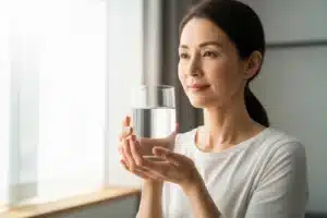 Cystite : femme bien hydratée tenant un verre d eau, geste clé de prévention