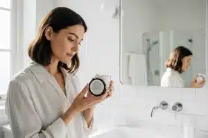 Décrypter une étiquette cosmétique : une femme lit la liste des ingrédients au dos d'un pot de crème