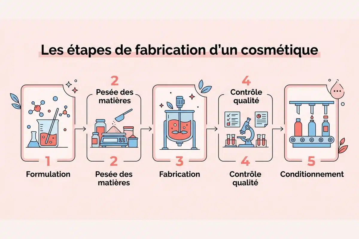 Les étapes de fabrication d'un cosmétique Schéma des cinq étapes de fabrication d'un cosmétique, de la formulation au conditionnement