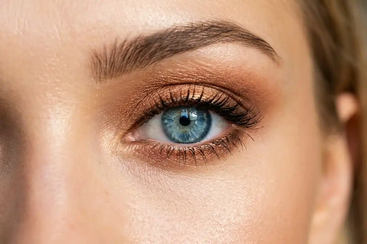 Fard à paupières selon la couleur des yeux Gros plan d un œil bleu maquillé d un fard cuivré qui en intensifie la couleur