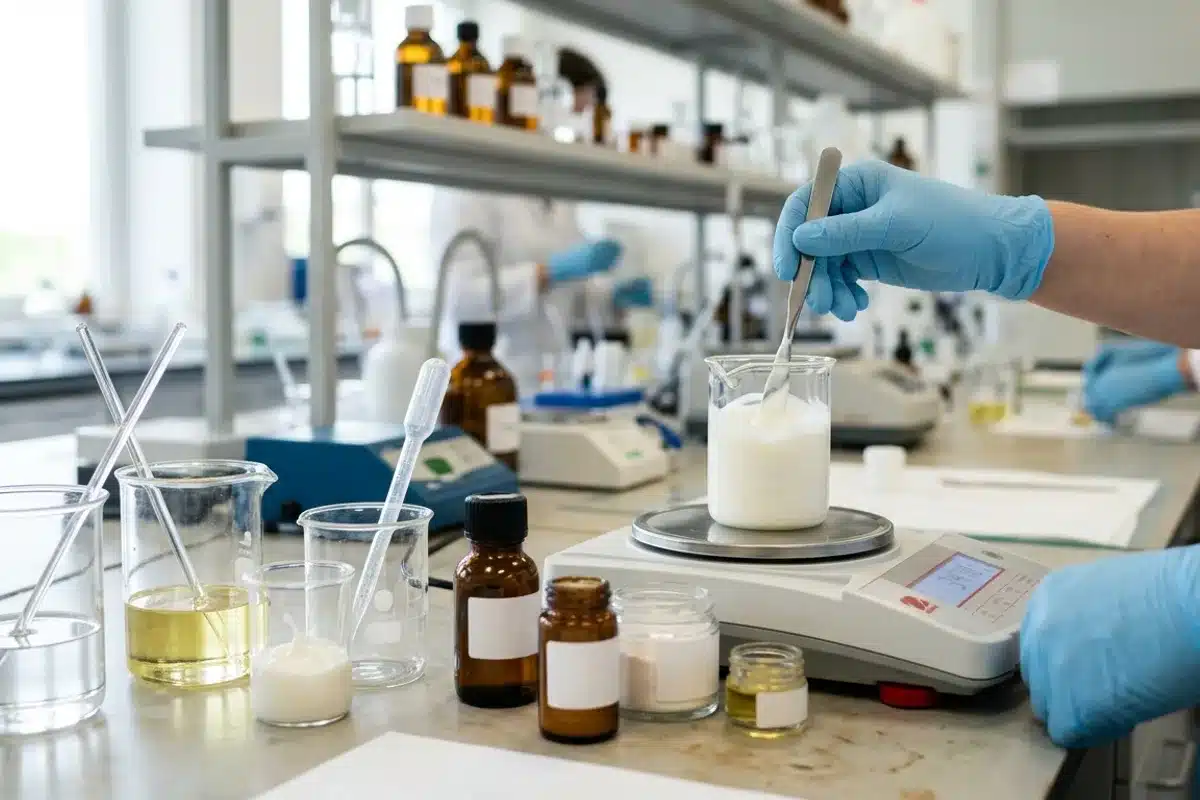 La formulation d'un cosmétique en laboratoire Mains gantées mélangeant une crème dans un bécher sur une balance de précision en laboratoire