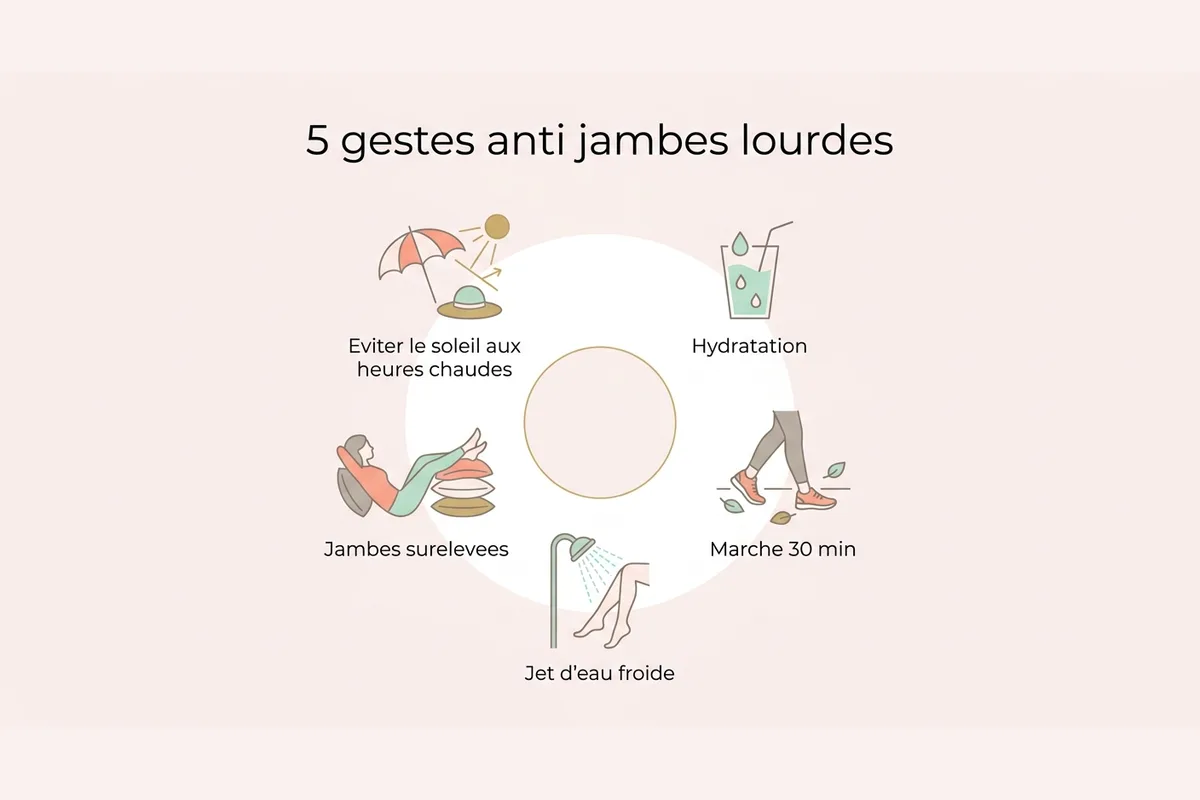 Cinq gestes contre les jambes lourdes en période de canicule Infographie des cinq gestes pour soulager les jambes lourdes pendant la canicule