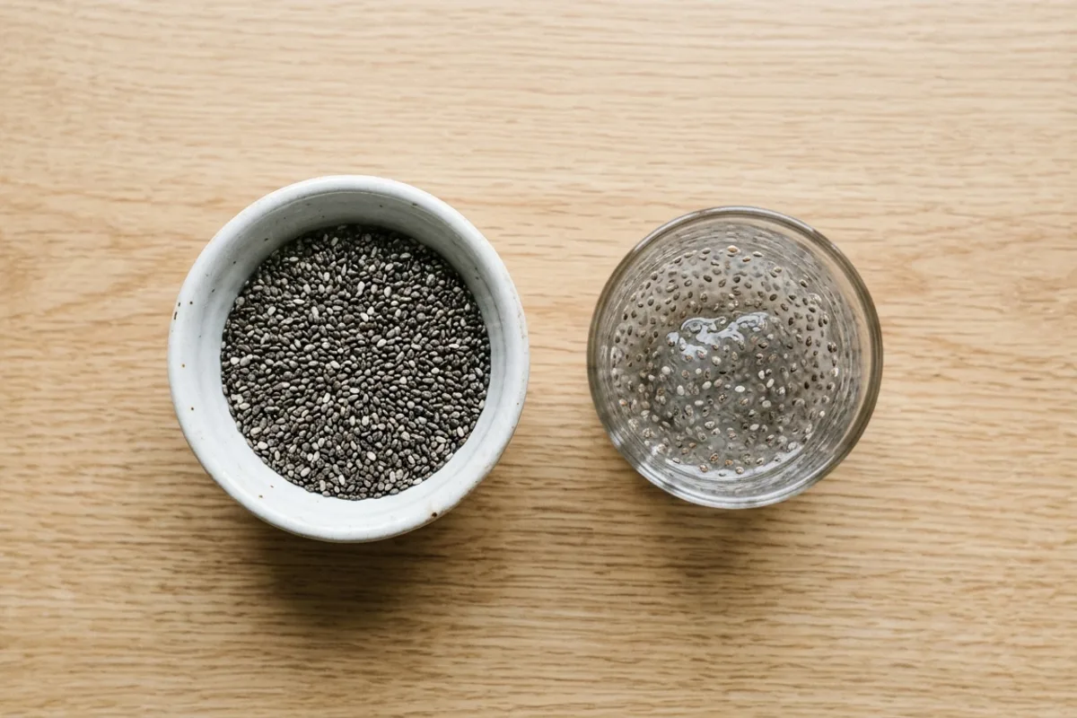 Composition nutritionnelle des graines de chia Bol de graines de chia avec verre d'eau montrant la formation du gel mucilagineux caractéristique