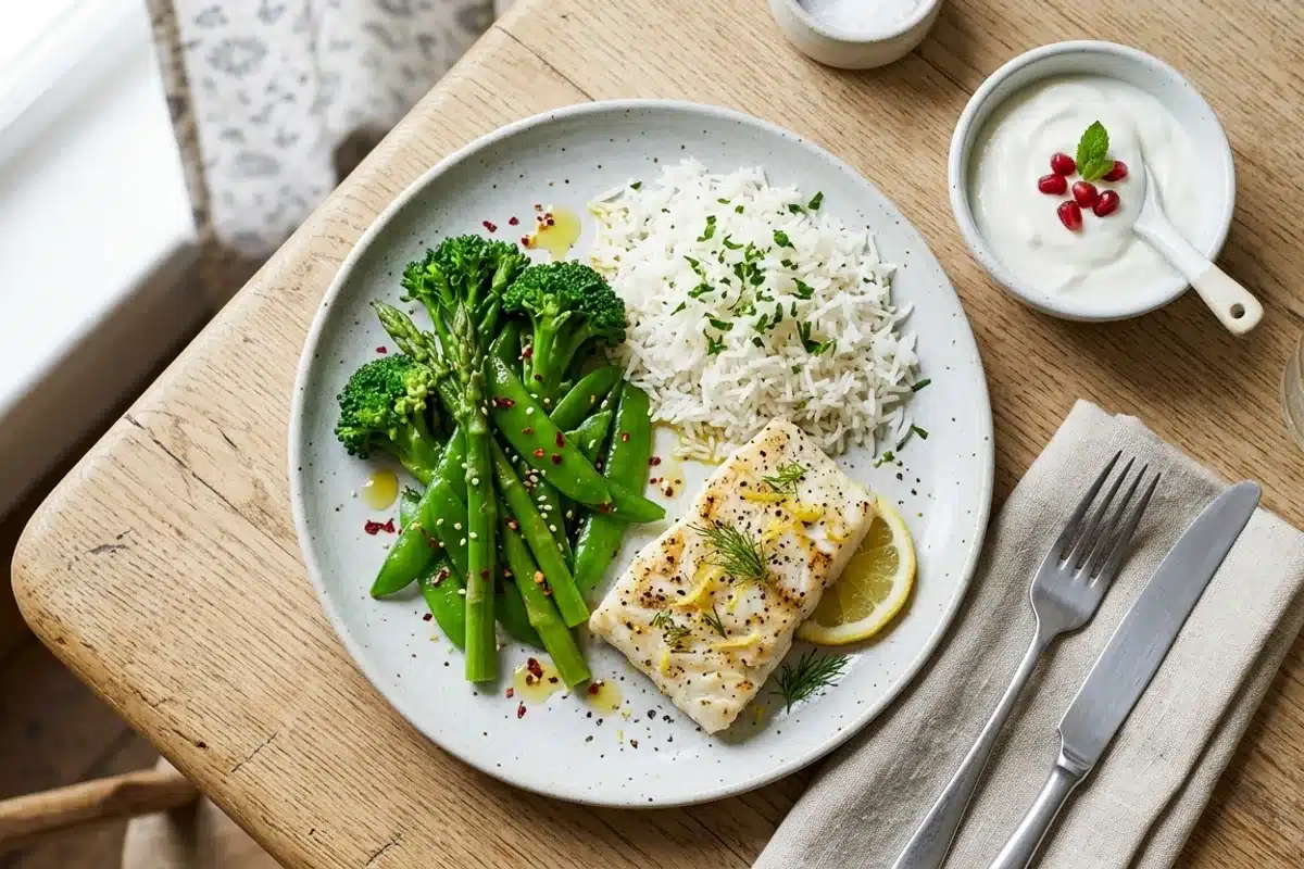 Alimentation adaptée en cas de hernie hiatale Assiette équilibrée avec légumes verts, féculents légers et viande maigre adaptée au reflux