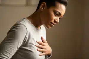 Femme de profil, une main posée sur le buste, ressentant une gêne et une brûlure derrière le sternum