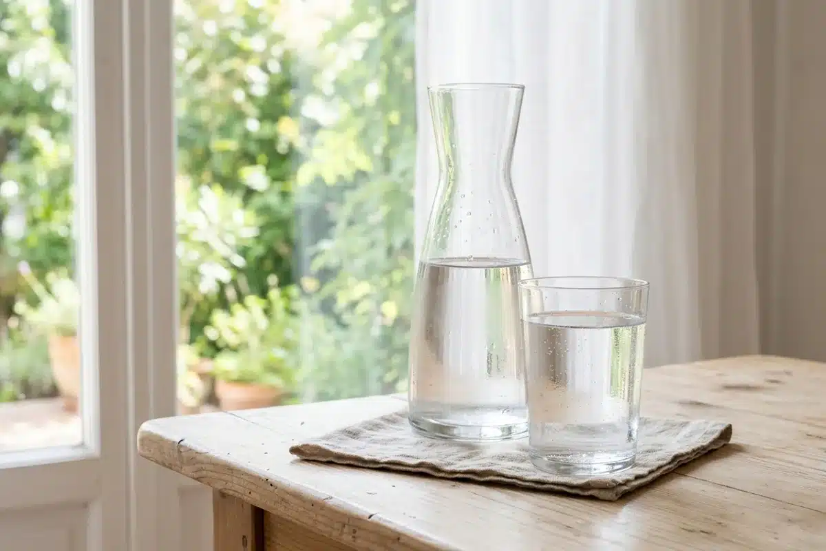 Boire beaucoup d eau en cas de cystite Carafe et verre d eau sur une table, l hydratation aide à éliminer les germes