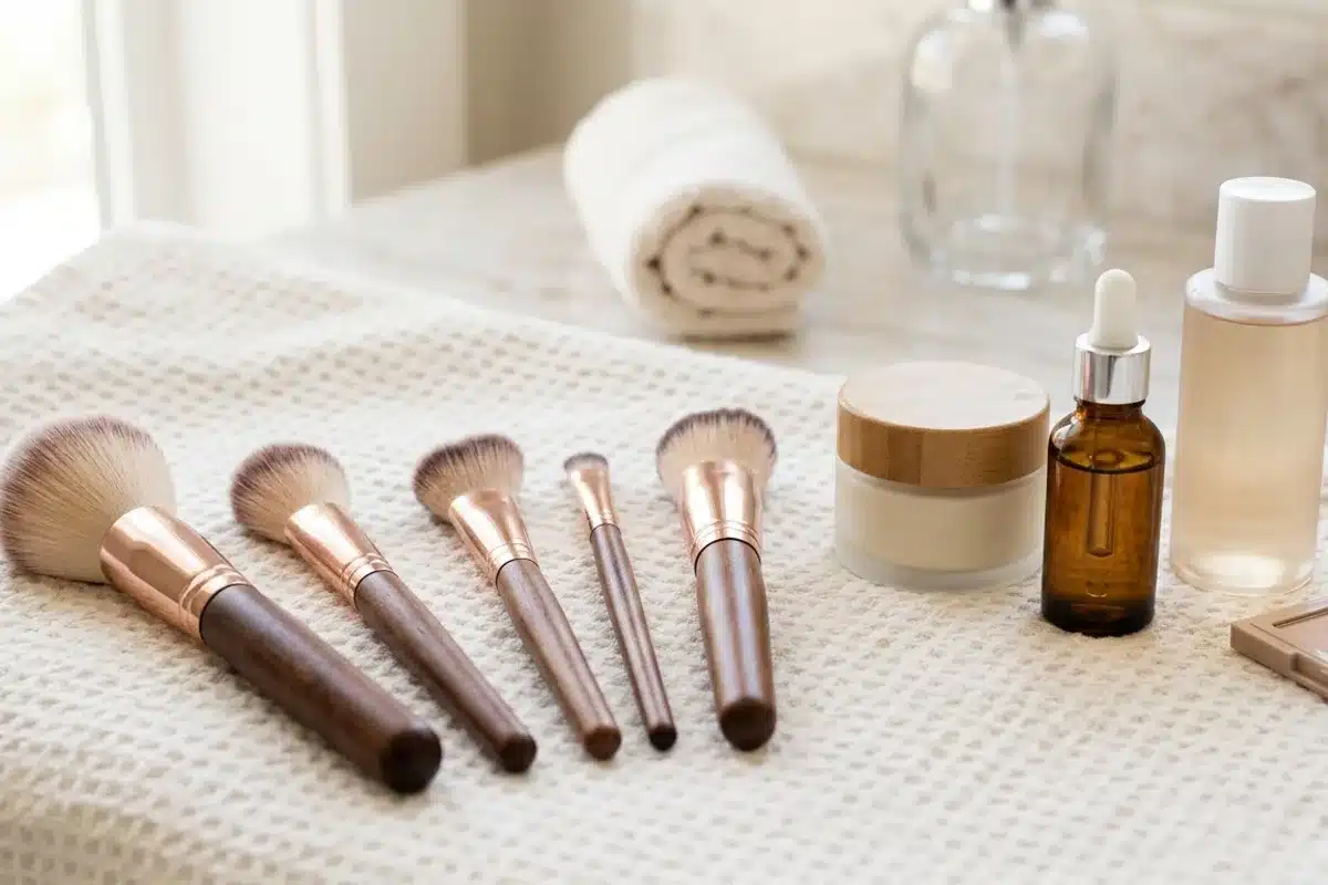 Hygiène et sécurité des produits de maquillage Pinceaux de maquillage propres posés à côté de produits cosmétiques
