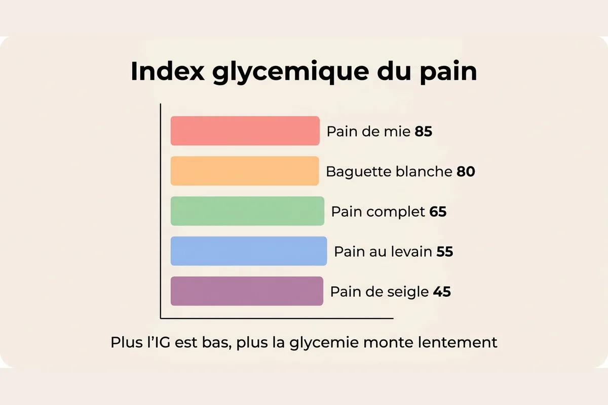 Index glycémique selon le type de pain Comparaison de l'index glycémique du pain de mie, de la baguette blanche, du pain complet, au levain et de seigle