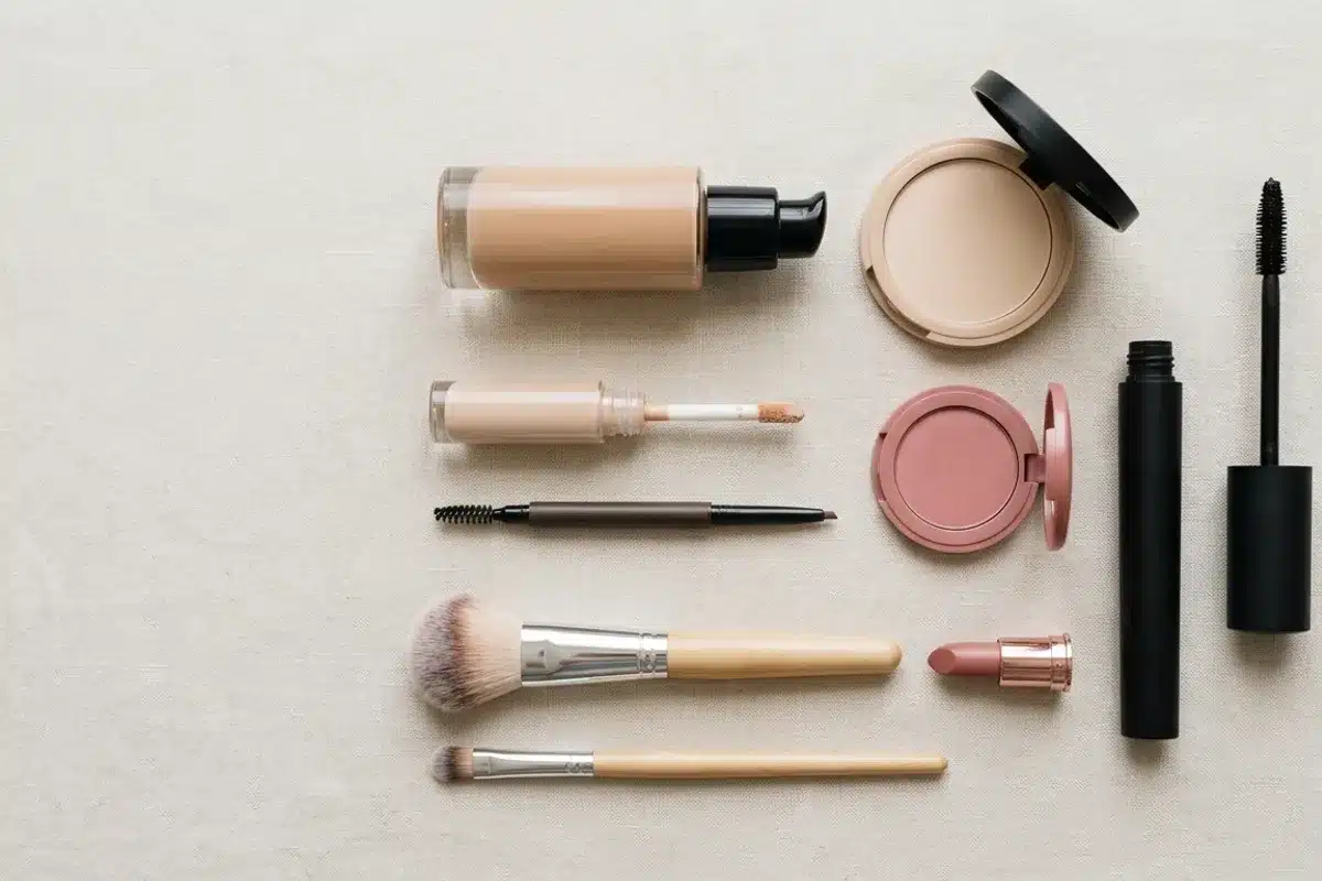 Kit de maquillage de base pour débuter Produits essentiels d un kit de maquillage pour débutante disposés à plat