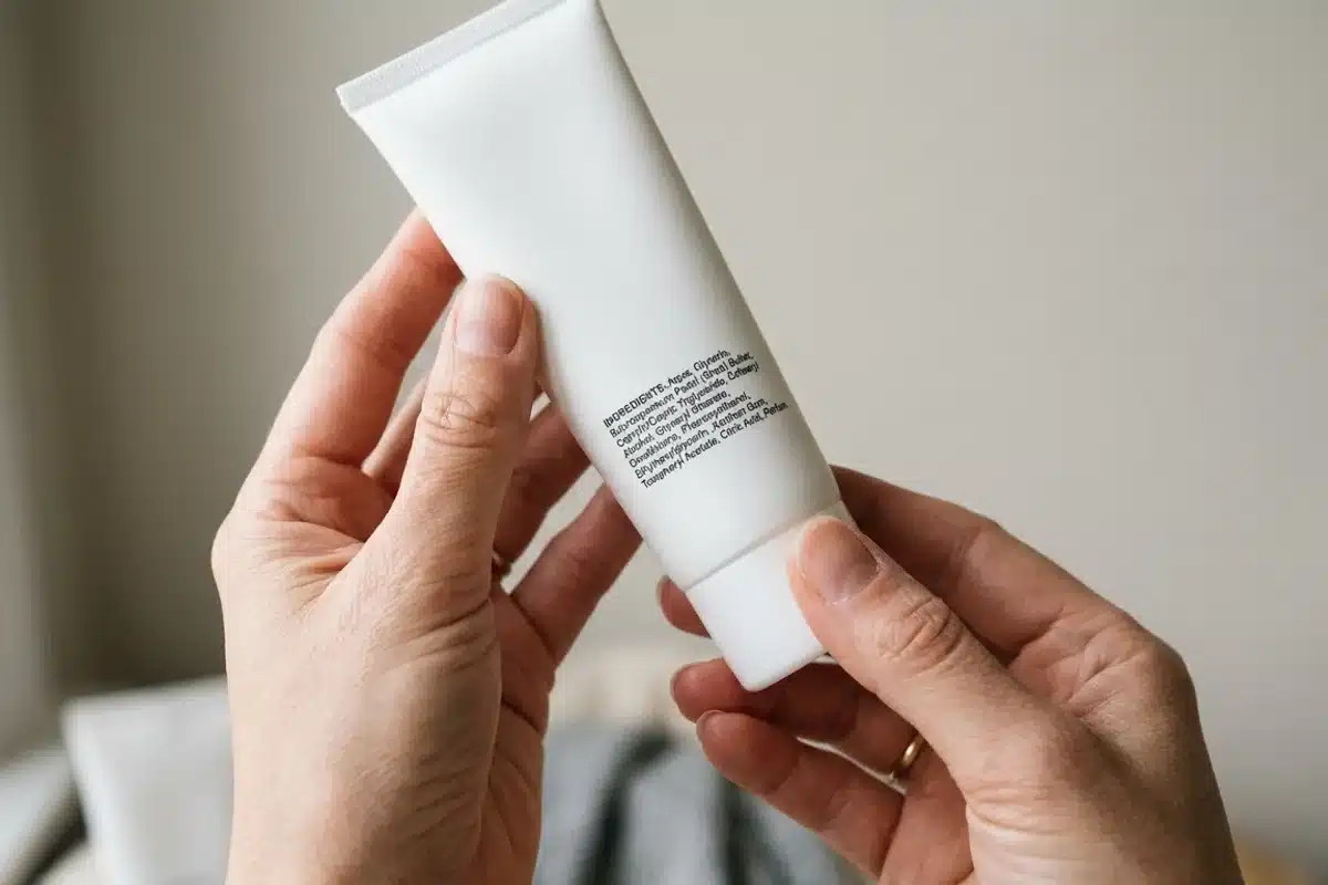Lire la composition au dos d'un produit cosmétique Mains tenant un tube de cosmétique pour lire la liste des ingrédients au dos