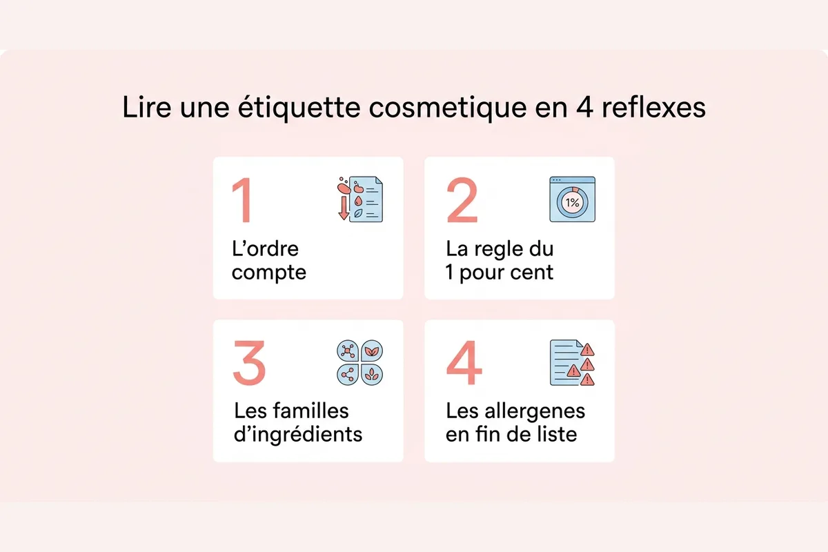 Lire une étiquette cosmétique en 4 réflexes Schéma des 4 réflexes pour lire une étiquette cosmétique : ordre, règle du 1%, familles, allergènes