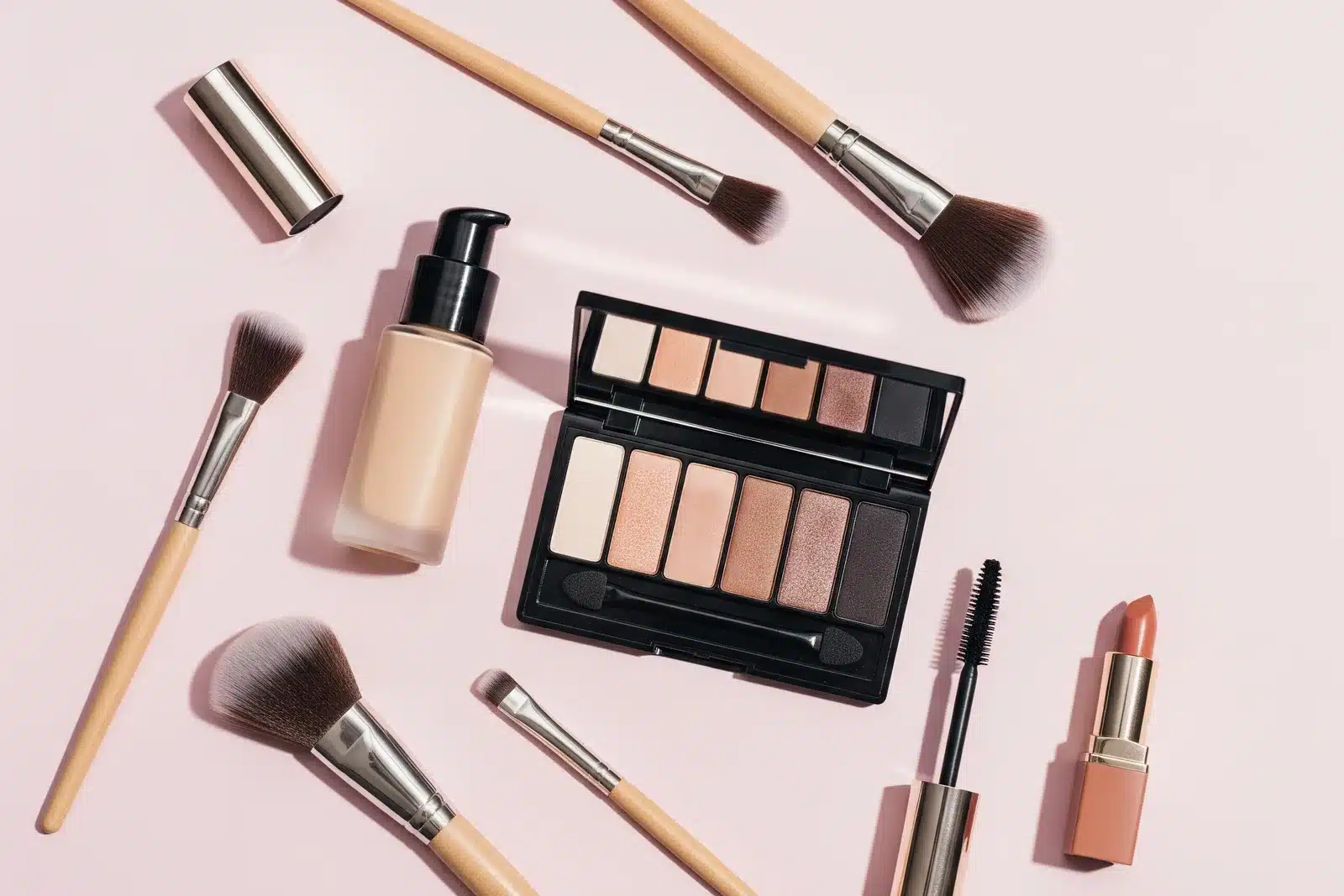 Maquillage : le guide complet, produits et routine Maquillage du quotidien, produits et pinceaux disposés à plat sur fond rose poudré