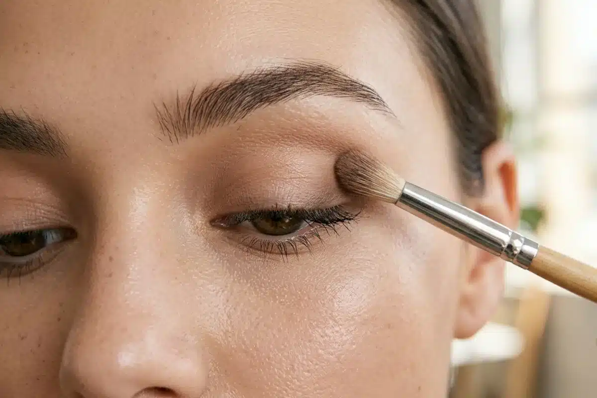 Gestes de base du maquillage des yeux Application d un fard à paupières en teinte neutre, gros plan sur l œil