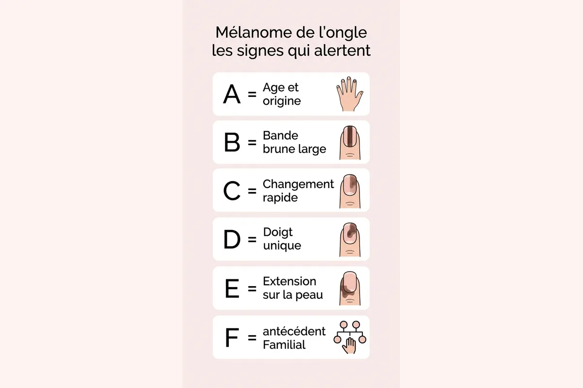Melanome de l ongle : les signes ABCDEF Schema des signes ABCDEF du melanome de l ongle a connaitre
