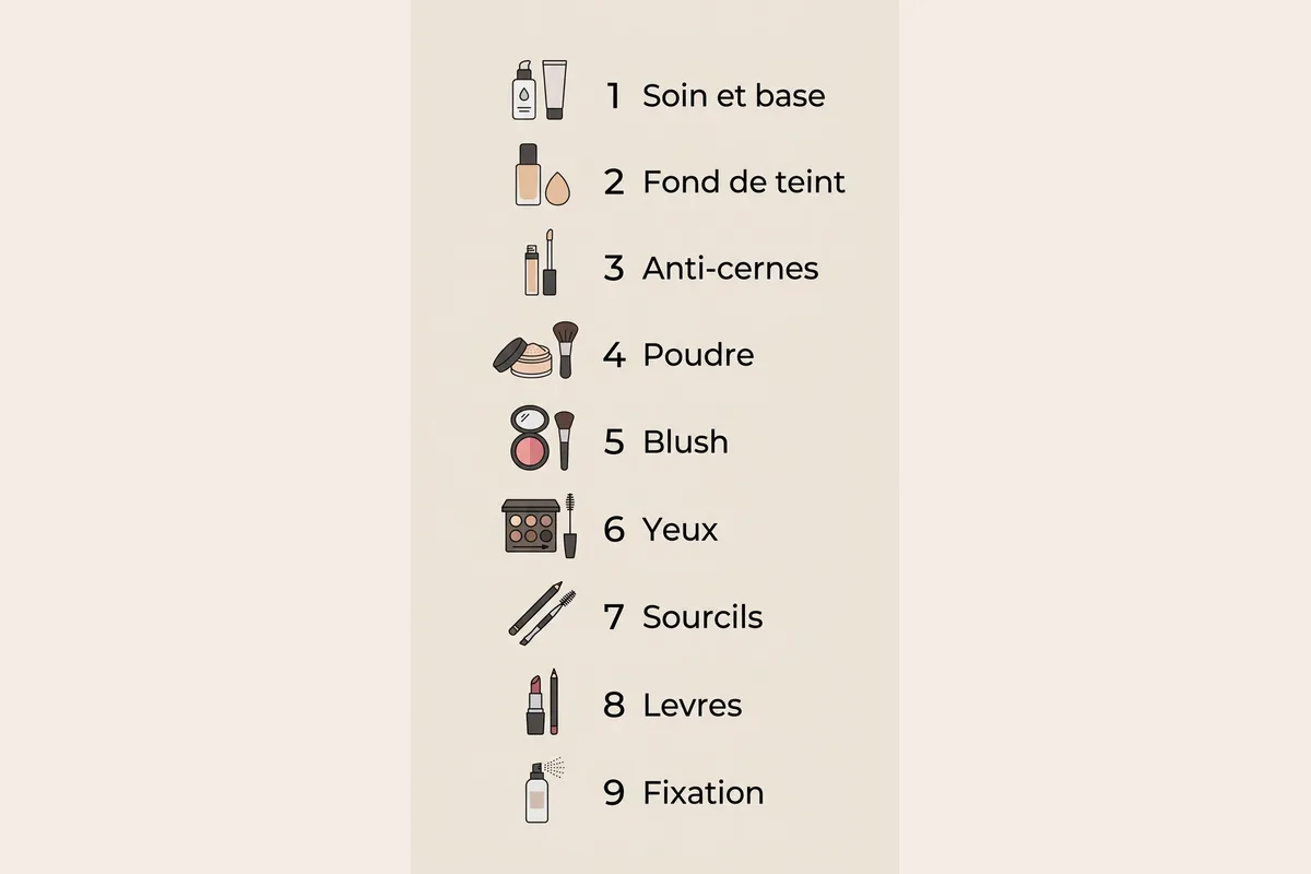 Ordre d application du maquillage étape par étape Schéma de l ordre d application du maquillage, des soins à la fixation