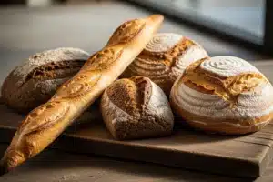 Pain et nutrition, assortiment de baguette, pain complet et boule au levain sur une planche en bois
