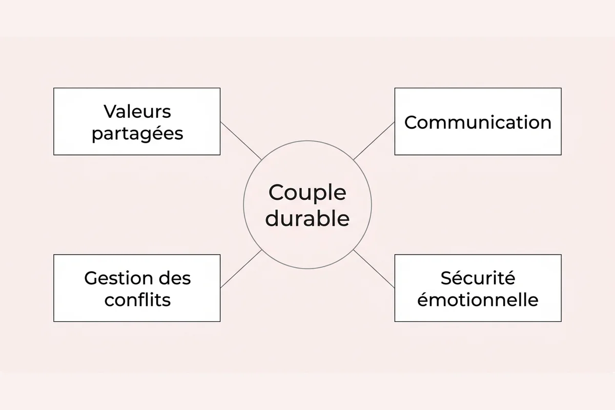 Les quatre piliers d'un couple durable Schéma des piliers d'un couple durable : valeurs partagées, communication, gestion des conflits, sécurité émotionnelle