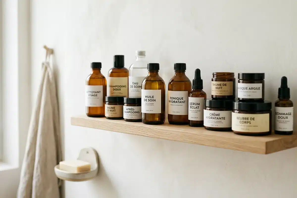 Des produits cosmétiques aux compositions variées Flacons et pots de cosmétiques étiquetés alignés sur une étagère de salle de bain