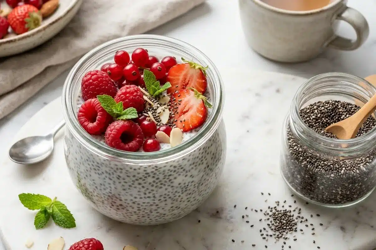 Pudding de graines de chia aux fruits frais Pudding de graines de chia dans un bocal en verre garni de fruits rouges frais, recette simple et nutritive