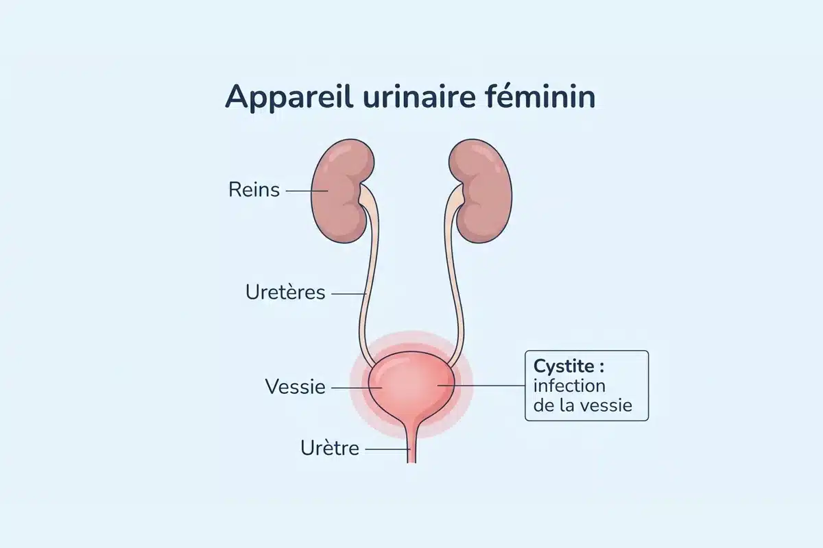 Schéma de l appareil urinaire féminin et zone de la cystite Schéma de l appareil urinaire féminin : reins, uretères, vessie enflammée (cystite) et urètre