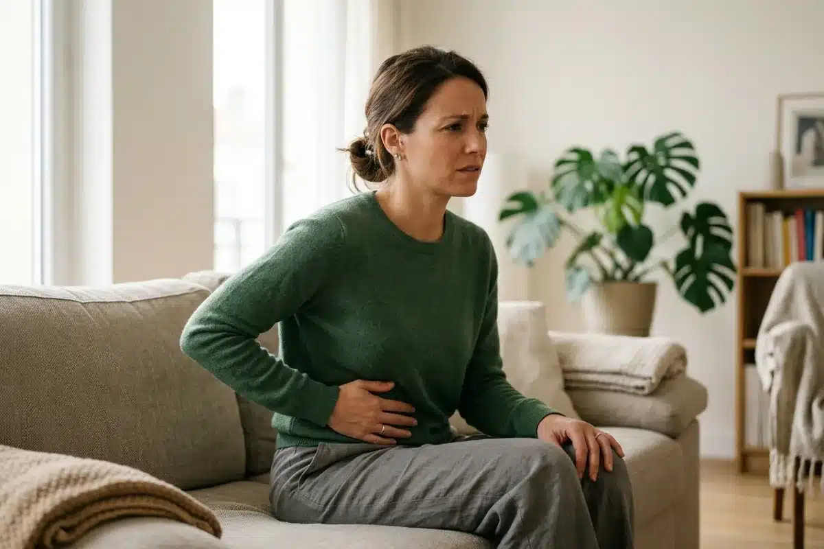 Gêne au bas-ventre lors d une cystite Femme assise posant une main sur son bas-ventre, signe d inconfort évoquant une cystite