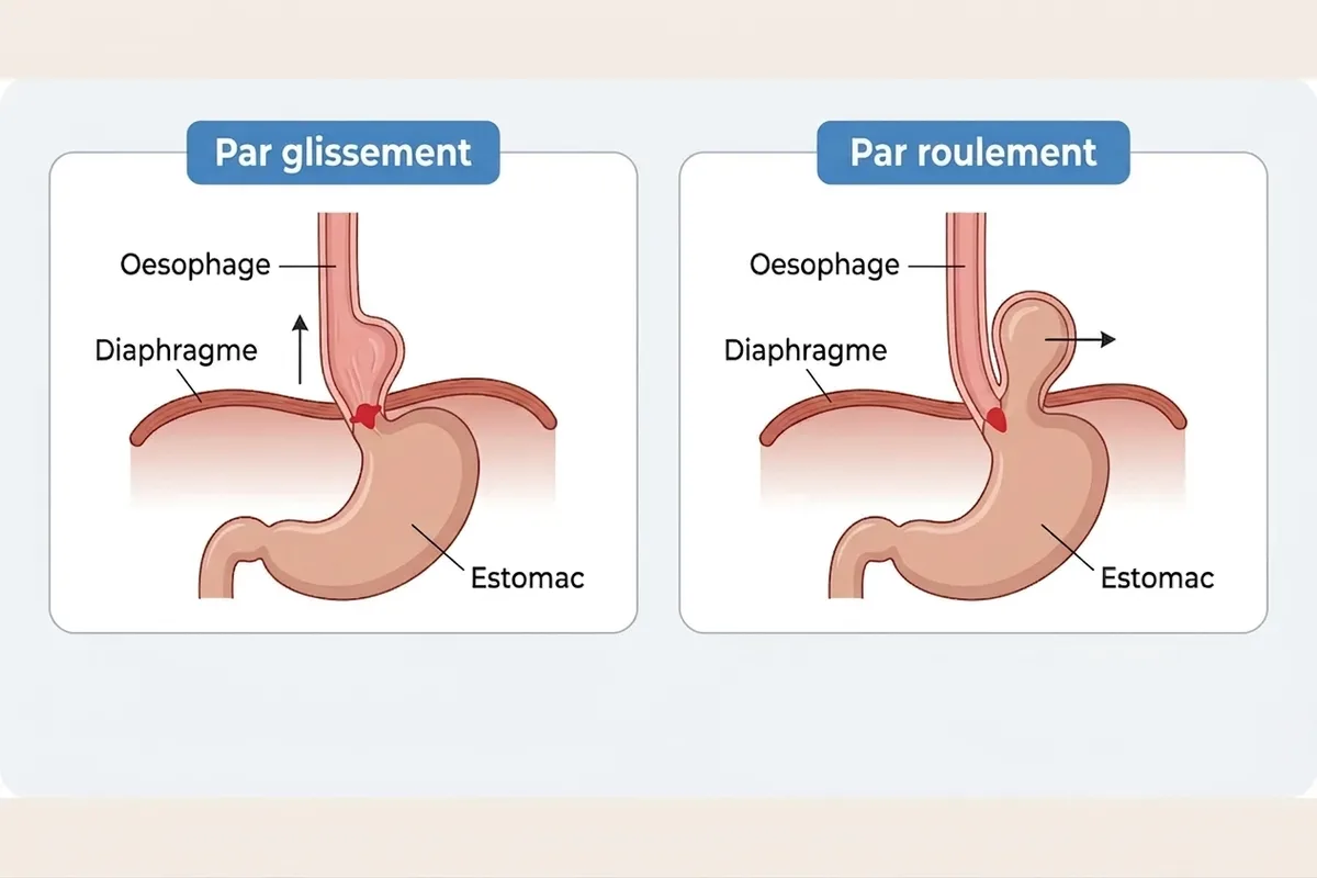 Les deux types de hernie hiatale Schéma comparant la hernie hiatale par glissement et par roulement au niveau du diaphragme