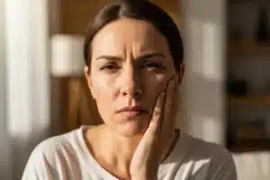 Abcès dentaire, femme se tenant la joue à cause d'une douleur