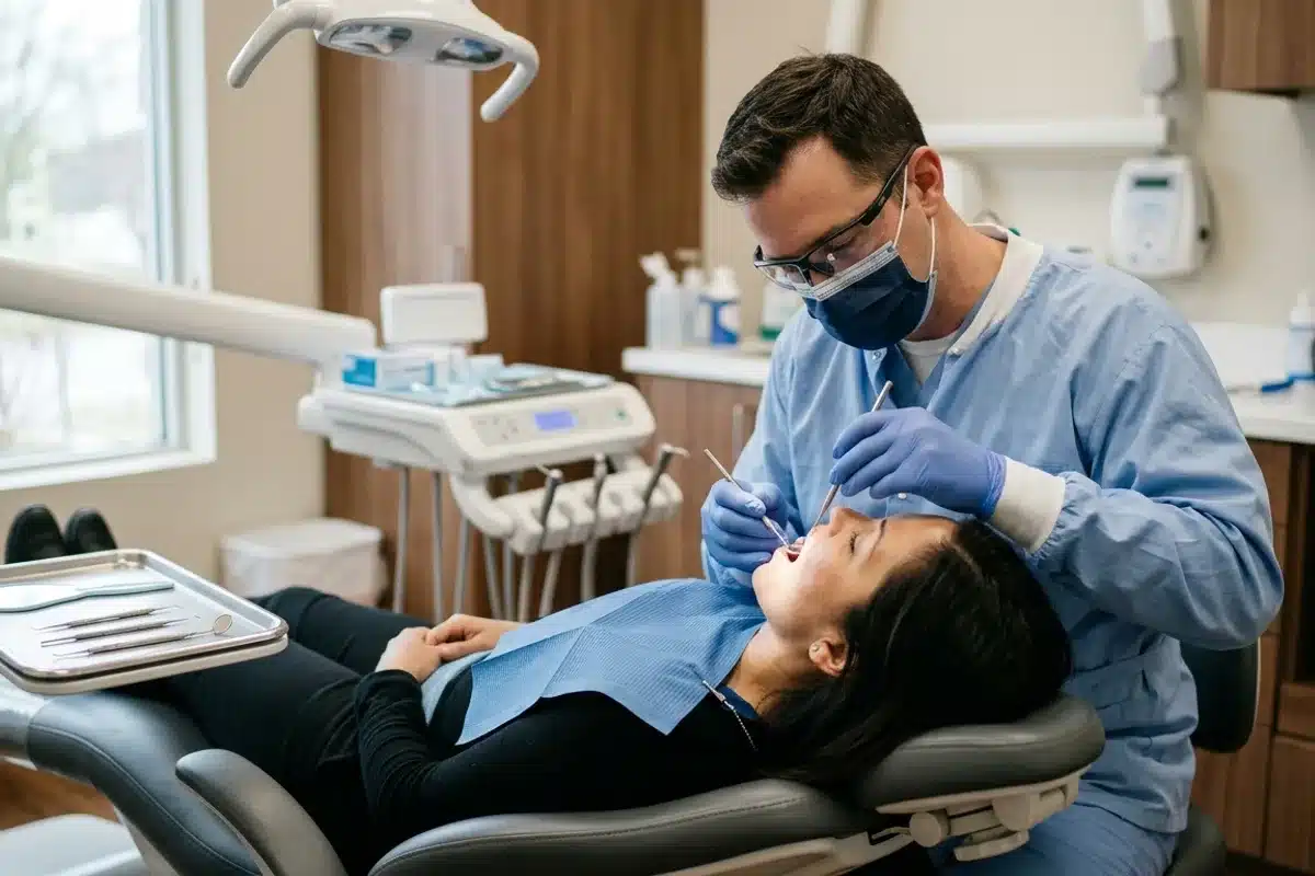 Consultation pour un abcès dentaire Dentiste examinant la bouche d'un patient pour un abcès dentaire