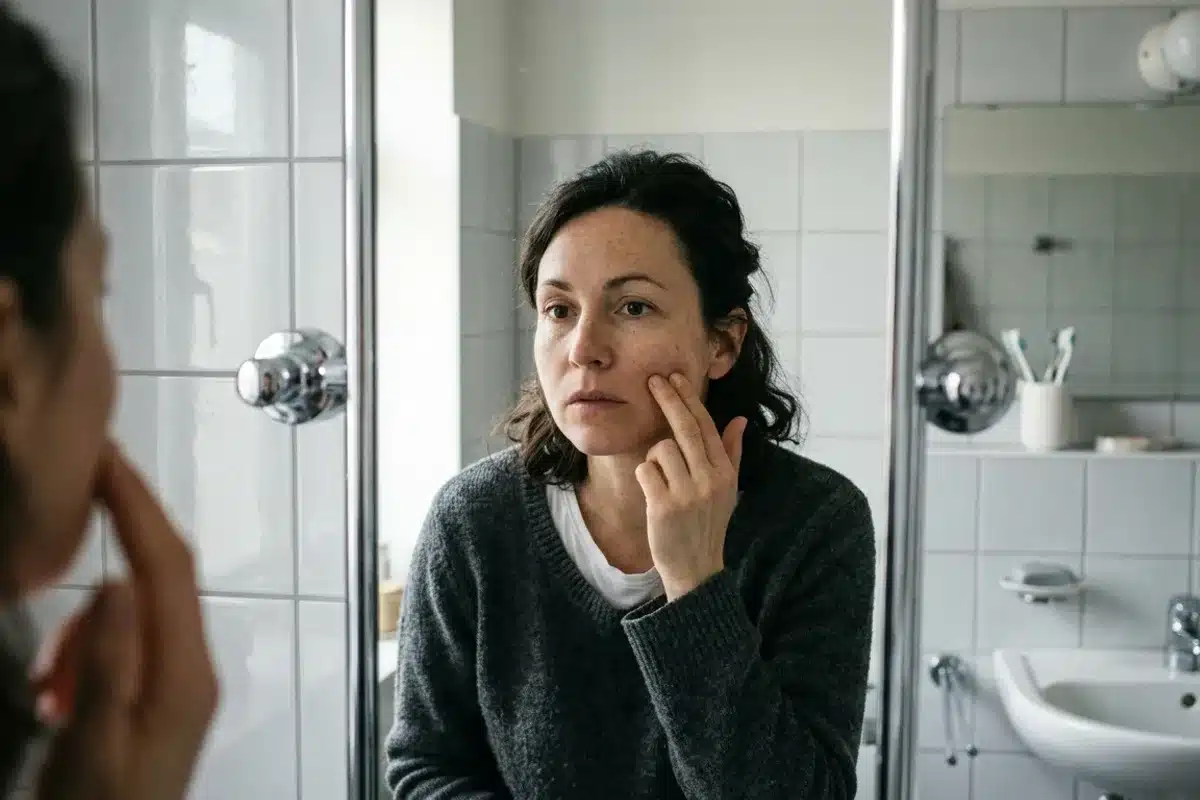 Femme touchant sa joue gonflée, signe possible d'abcès dentaire Femme qui appuie sur sa joue gonflée devant un miroir de salle de bain, signe d'abcès dentaire