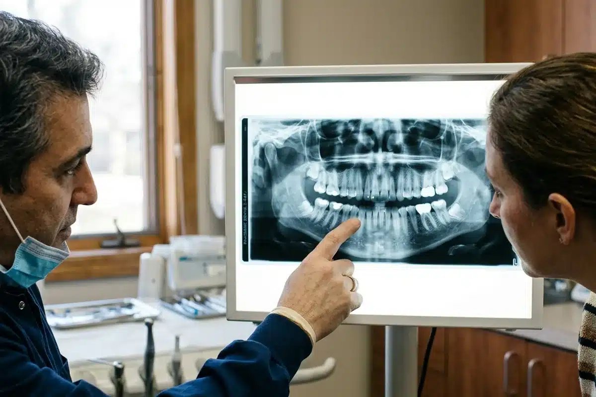 Radiographie dentaire d'un abcès Radiographie dentaire examinée par un dentiste pour repérer un abcès silencieux