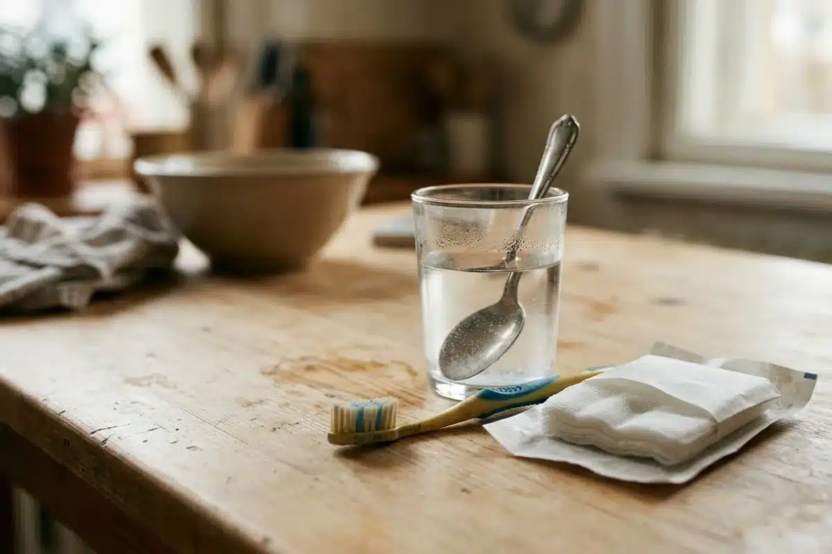 Soulager un abcès dentaire avant le rendez-vous Verre d'eau salée et matériel de soin sur une table pour soulager un abcès dentaire
