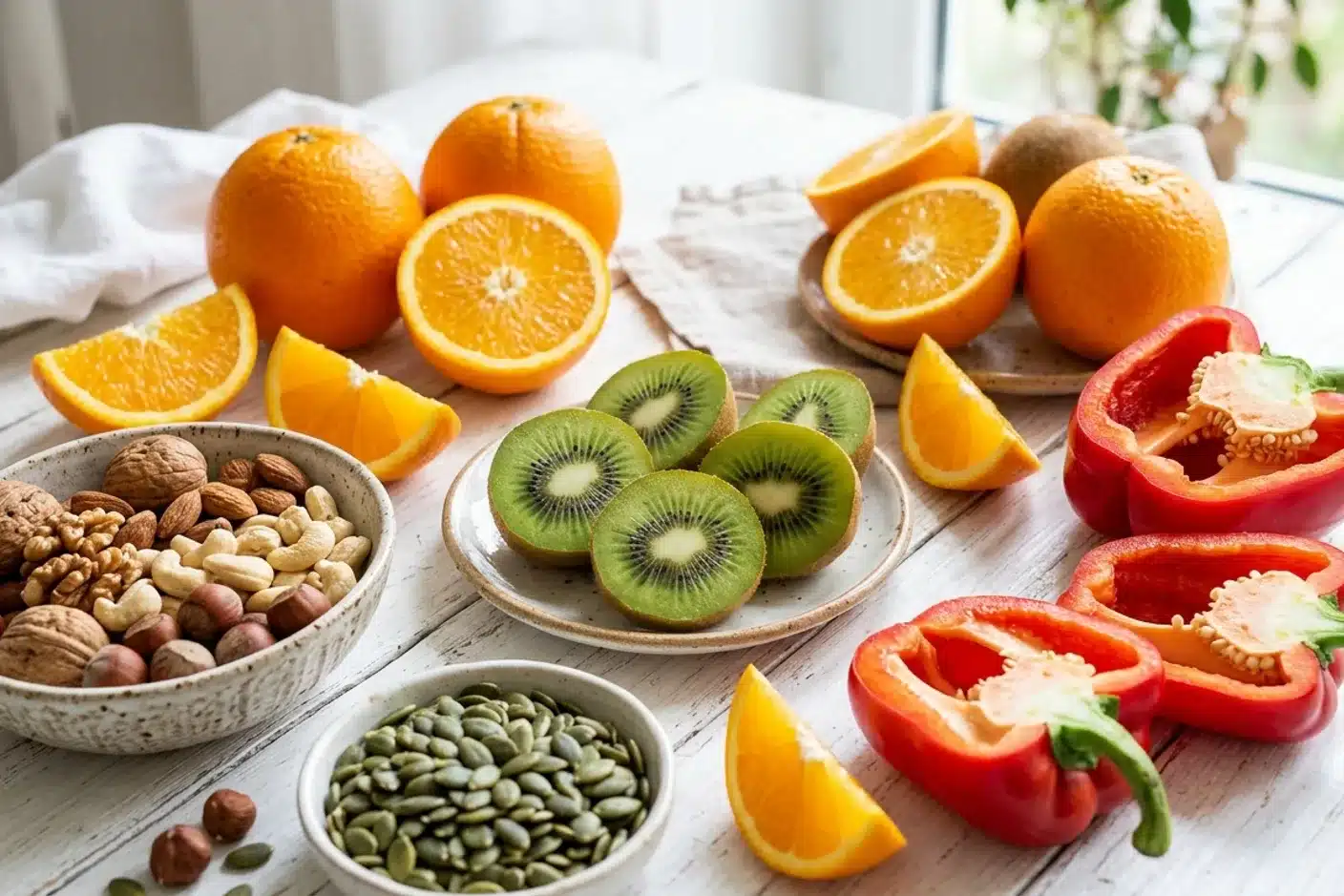 Aliments stimulant la production naturelle de collagène Agrumes, poivrons rouges, kiwis et noix, aliments riches en vitamine C et zinc pour la synthèse de collagène