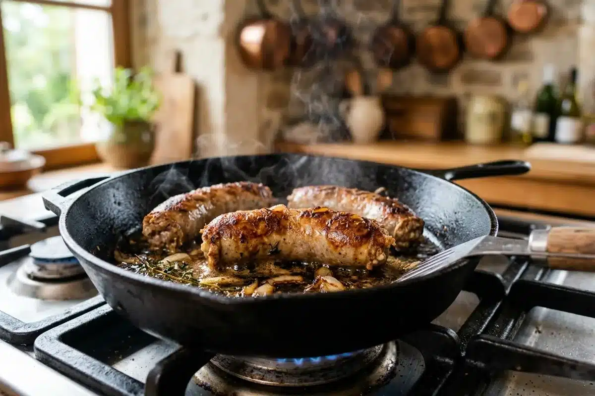 Andouillette dorée à la poêle en fonte Andouillettes dorées à la poêle en fonte pendant la cuisson, belle croûte grillée