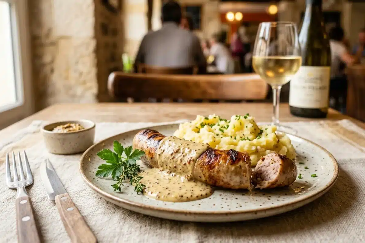 Andouillette sauce moutarde et purée maison Assiette d'andouillette nappée de sauce à la moutarde à l'ancienne, avec purée et vin blanc