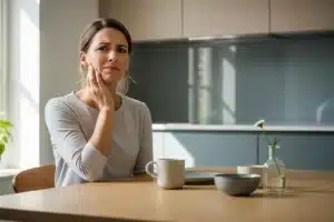 Femme se tenant la joue en raison d'une douleur dentaire intense, recherche d'anti-douleur dentaire
