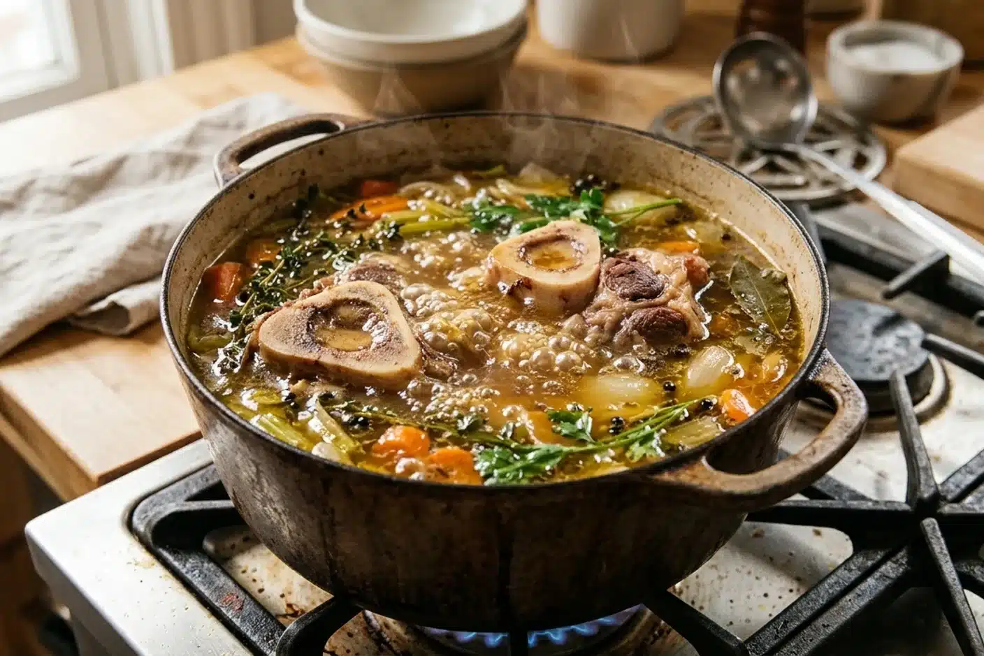 Bouillon d'os maison riche en collagène Casserole de bouillon d'os doré mijotant, principale source alimentaire directe de collagène