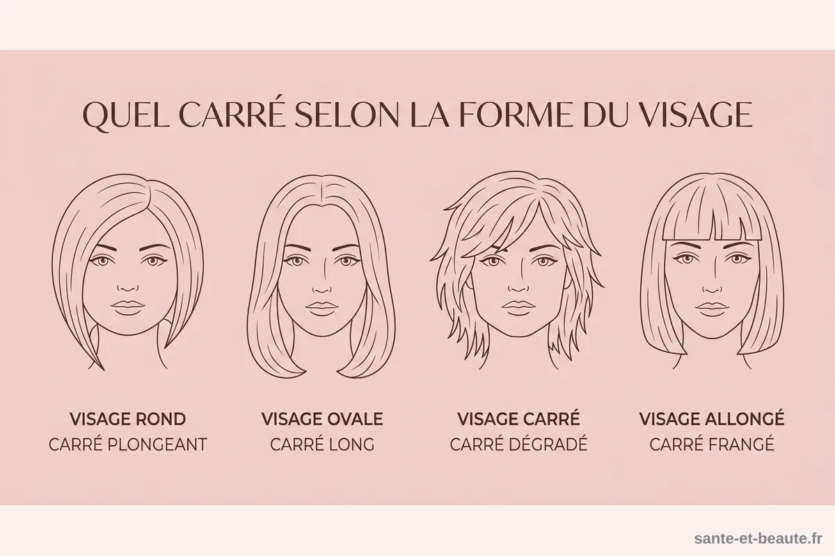 Quel carré selon la forme du visage Infographie associant chaque forme de visage à une variante de coupe au carré, avec la coupe dessinée