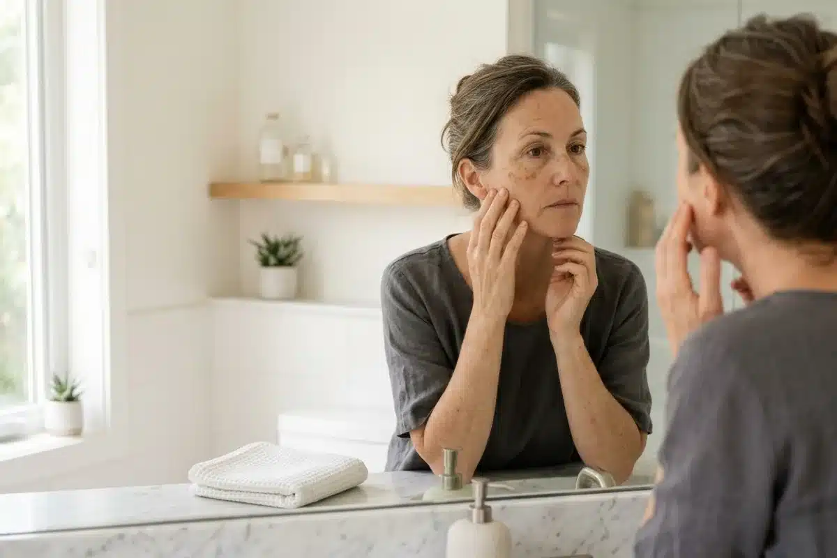 Femme observant les taches brunes sur son visage dans un miroir Femme d'une cinquantaine d'années regardant son visage dans un miroir de salle de bain, taches brunes légèrement visibles sur les pommettes