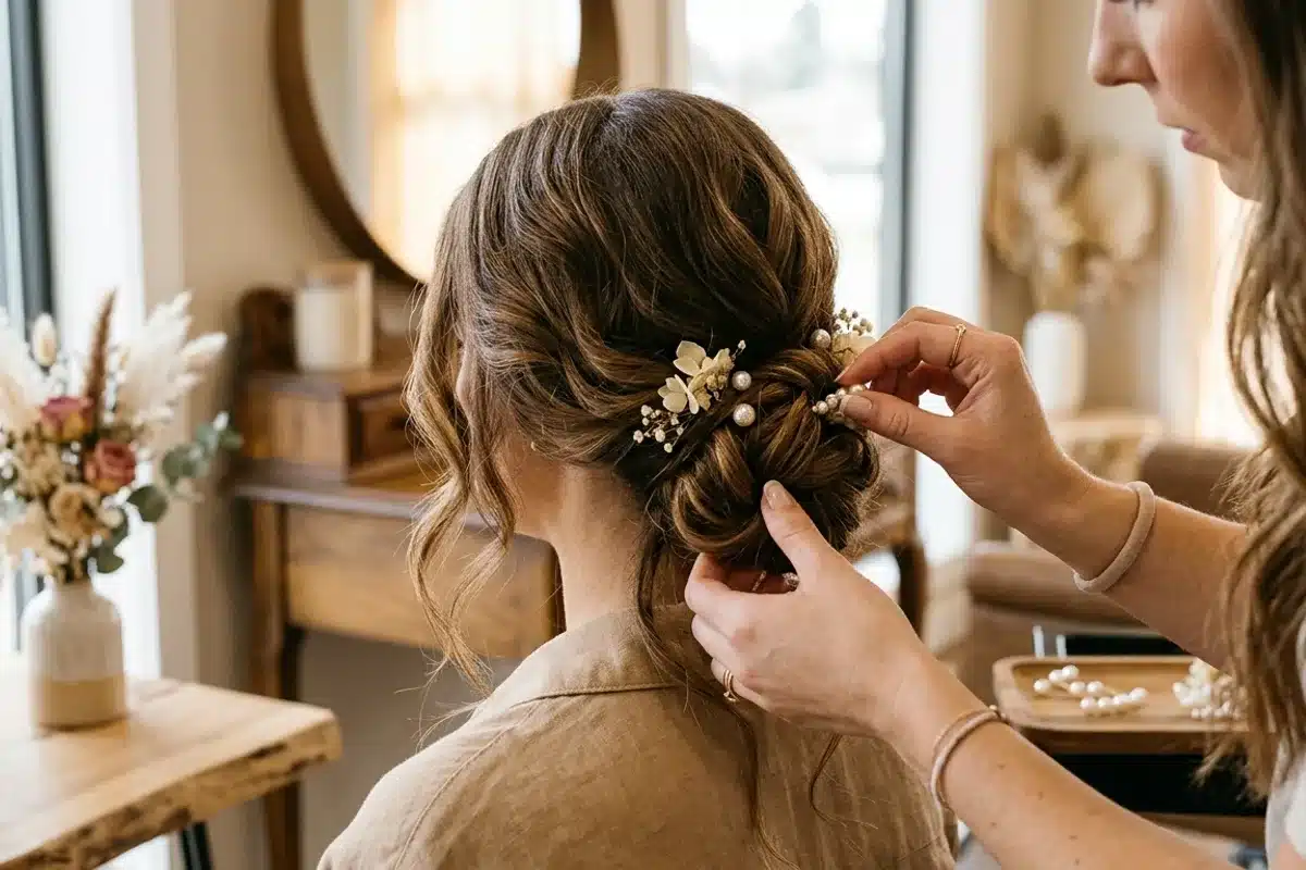 Chignon bas romantique pour mariage sur cheveux longs Coiffeuse posant une épingle nacrée sur un chignon bas romantique pour mariage, salon fleuri