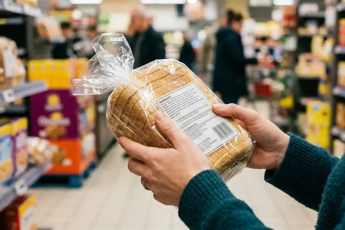 Lire l'étiquette d'un pain sans gluten en magasin Mains tenant un paquet de pain et lisant la liste d'ingrédients dans un rayon
