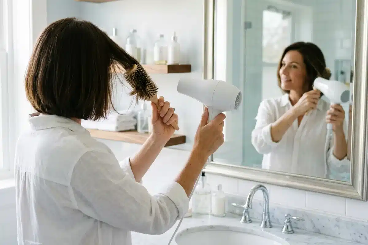 Coiffage d'un carré au brushing Femme coiffant son carré au séchoir avec une brosse ronde devant un miroir